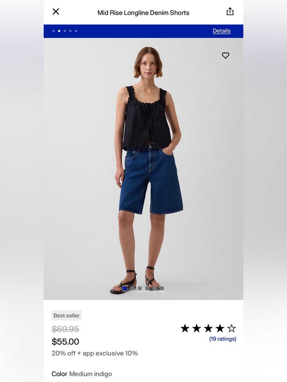 GAP Mid Rise Longline Denim Shorts - Medium Indigo Sz 10 Tall